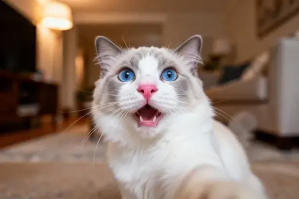 阳光客厅里的蓝眼睛布偶猫特写