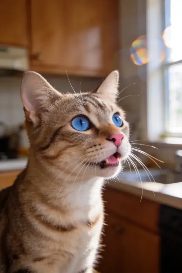 阳光下蓝眼孟加拉猫凝视气泡特写