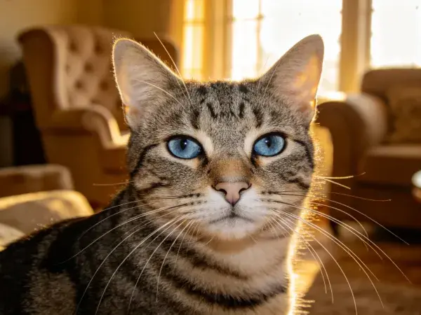阳光下蓝眼睛短毛家猫特写