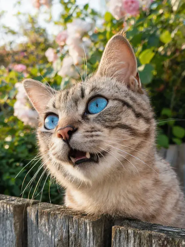斑点短毛猫于木栅栏后的探望姿态