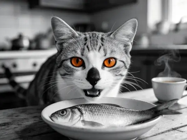 近景展示短毛虎斑猫注视盘中鲜鱼场景