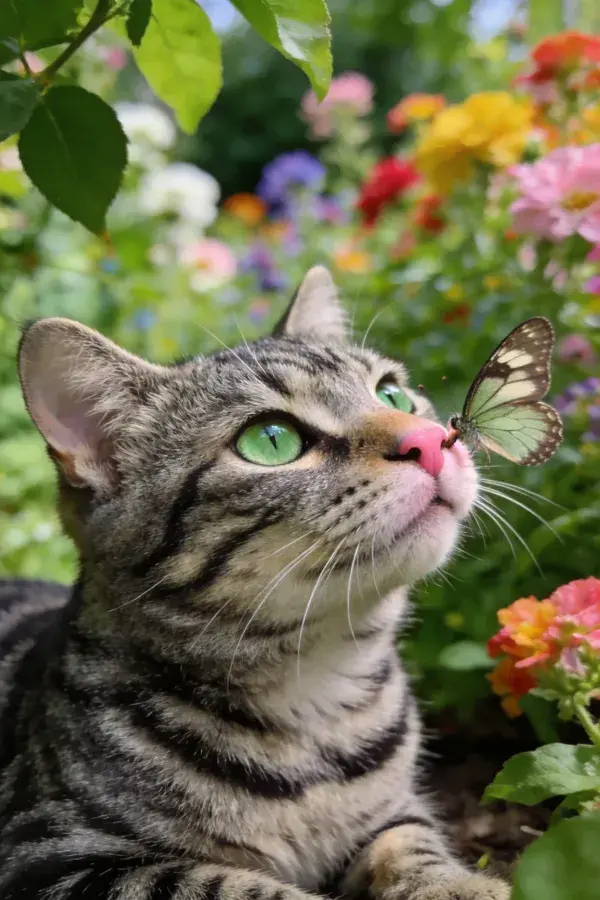 露天花园中虎斑短毛猫与蝴蝶互动场景