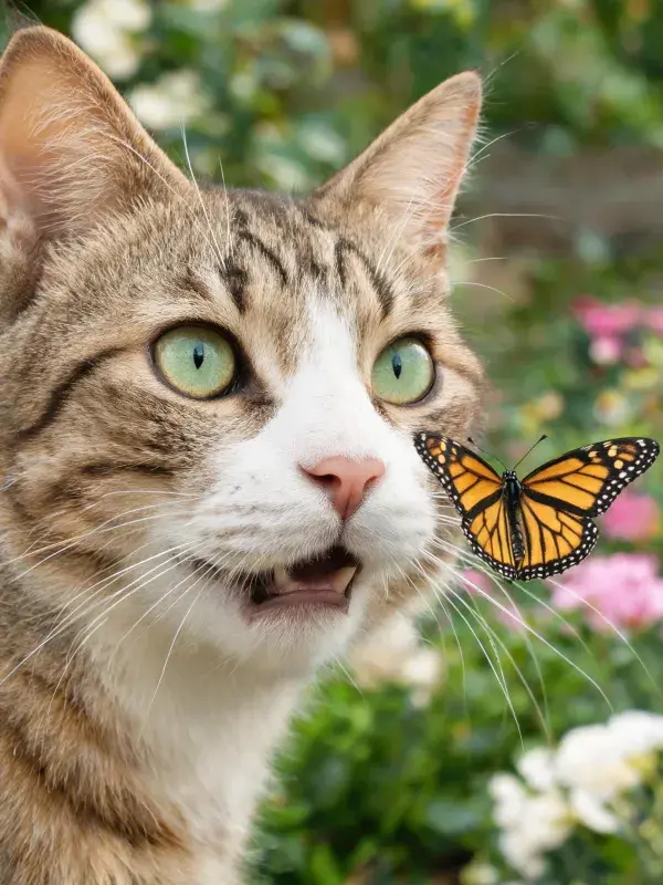 短毛虎斑猫观察蝴蝶于花园场景