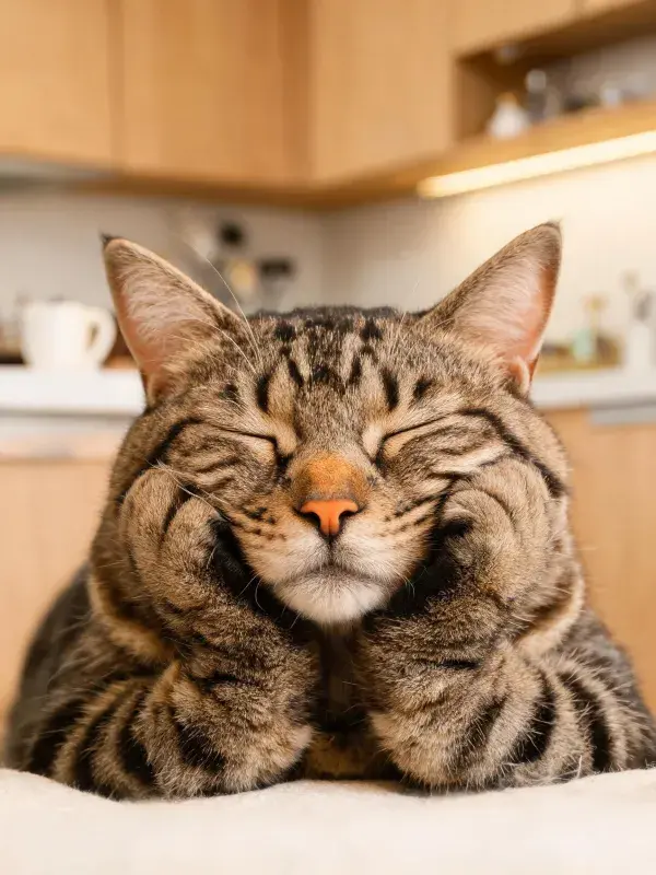 厨房内虎斑短毛猫的休憩姿态