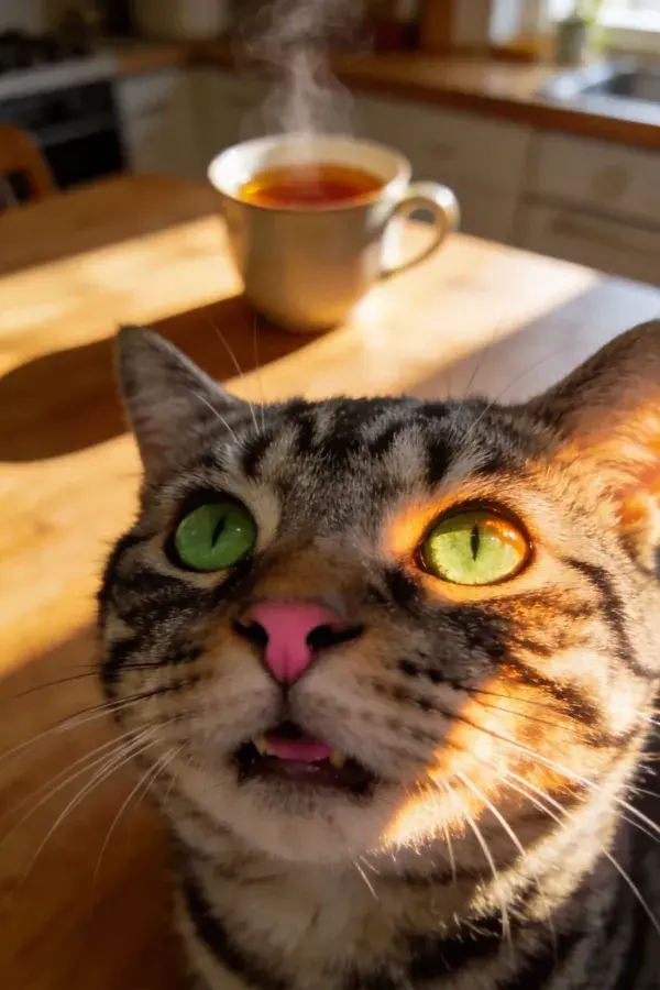 阳光下虎斑猫与热饮的特写