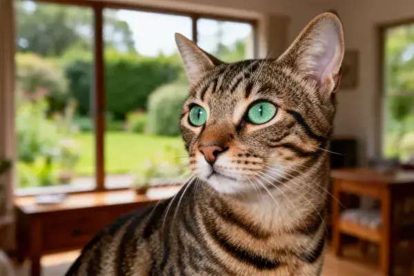 阳光下虎斑短毛猫凝视窗外场景