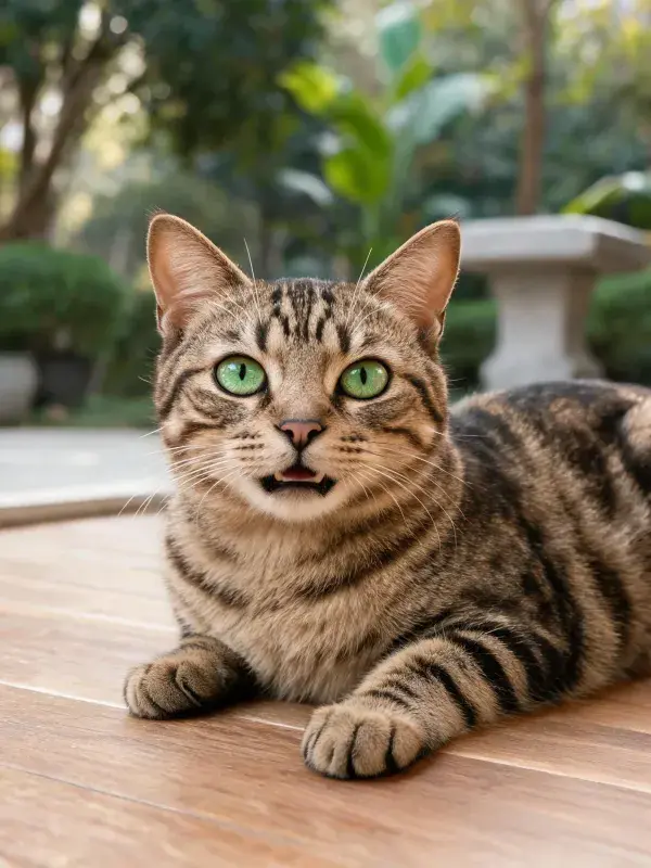 露天环境中虎斑猫躺卧图景