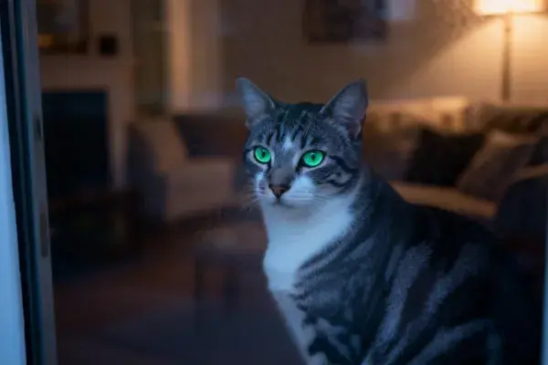 客厅暖光下虎斑猫凝视的瞬间