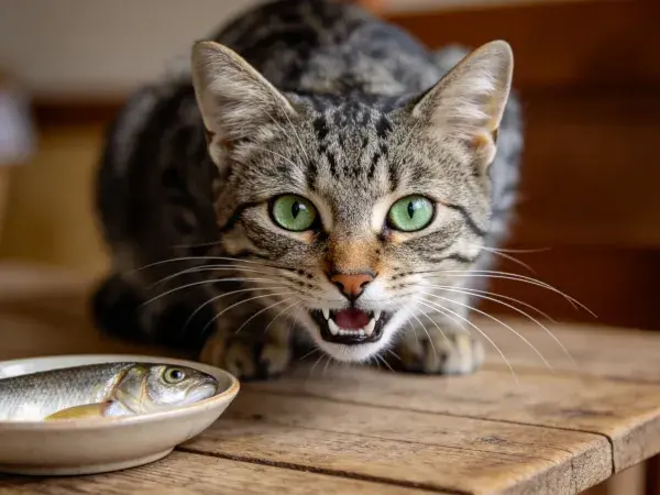 木桌上的短毛虎斑猫注视盛鱼碗