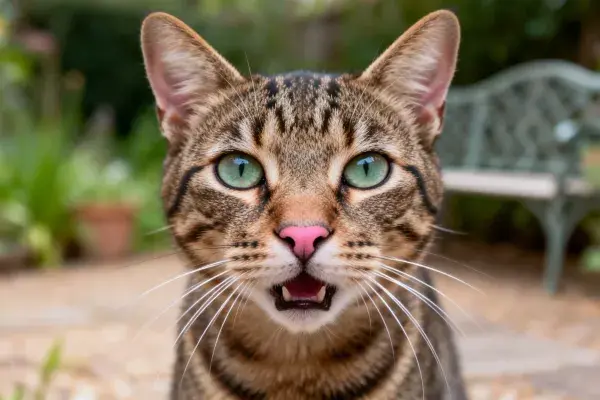 花园中虎斑短毛猫的特写镜头