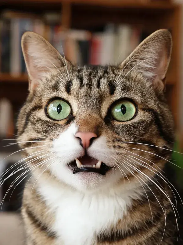 短毛虎斑猫张嘴时的室内特写