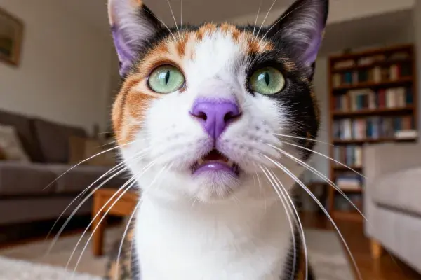 客厅书架旁的三色短毛家猫特写