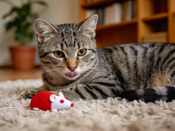 室内地毯上短毛虎斑猫与玩具老鼠场景