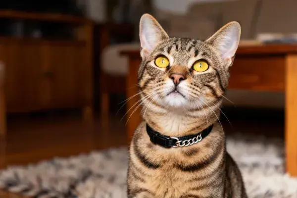 露出黄色眼睛的虎斑短毛猫坐在地毯上