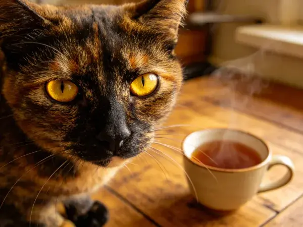 木质桌面的玳瑁猫与冒着热气的杯子场景