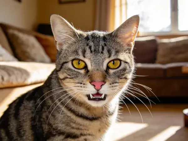 室内阳光下短毛虎斑猫特写