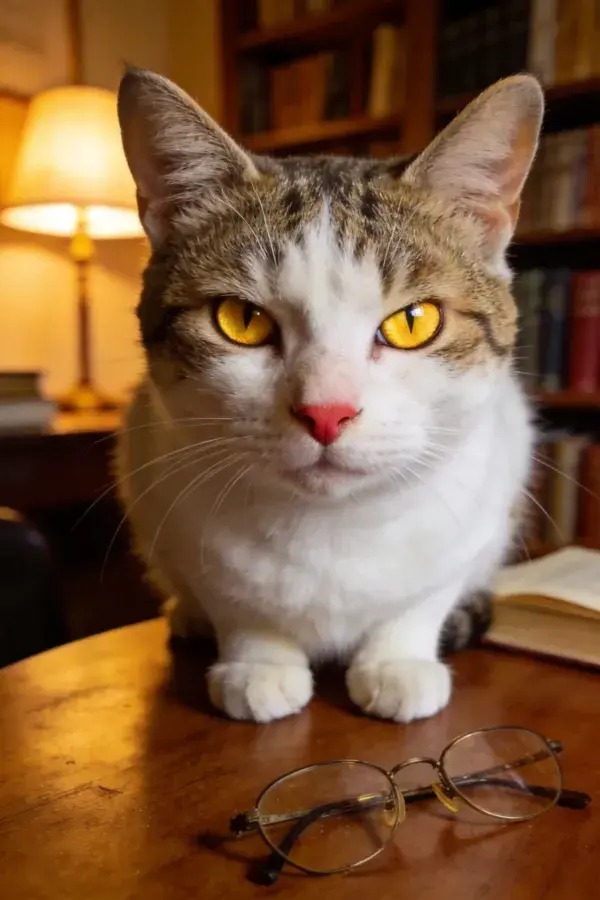 短毛家猫注视书桌上的眼镜