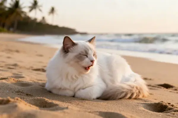 海滩沙地上的布偶猫休憩图