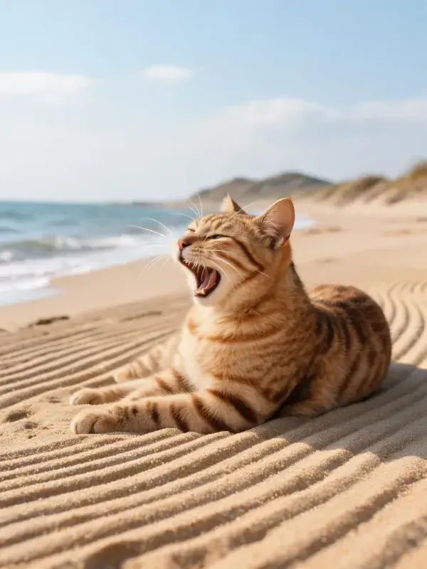 沙滩上打哈欠的橙虎斑纹短毛猫