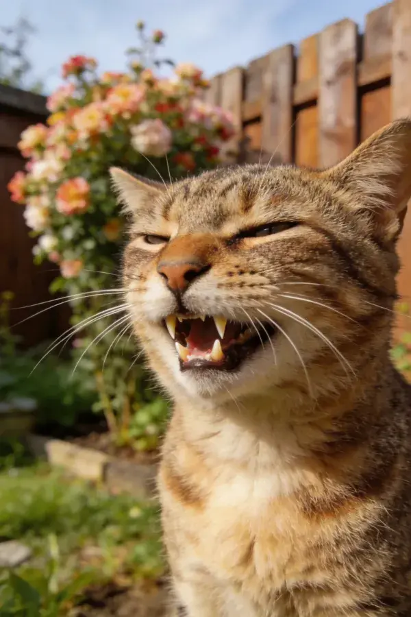 短毛虎斑猫在花园中张嘴