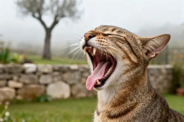 短毛虎斑猫户外打哈欠场景
