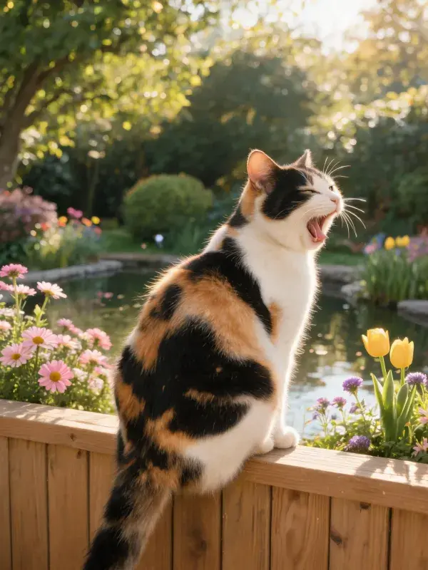 三色短毛猫于花园围栏处张嘴的姿态