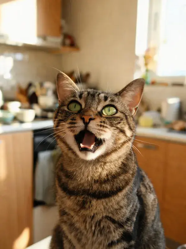 虎斑短毛猫厨房内张嘴瞬间