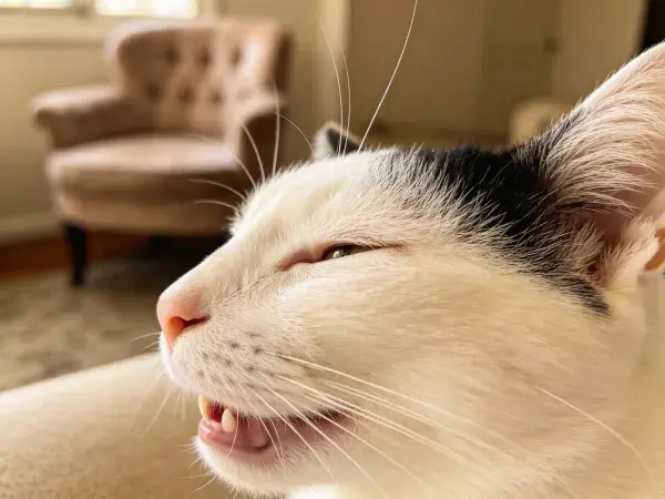 露台处黑白短毛家猫张嘴瞬间