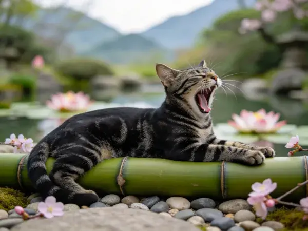 园林景致中竹杆上的虎斑猫