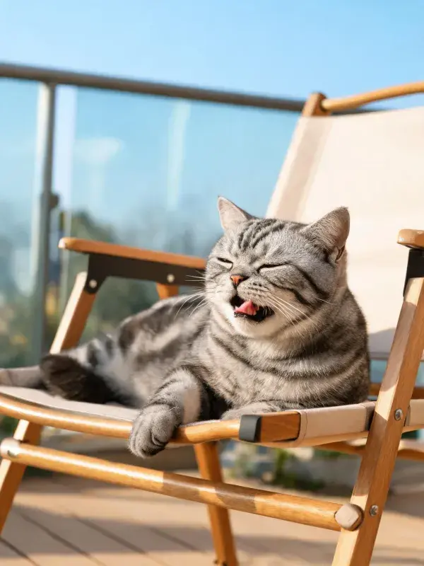 银虎斑英国短毛猫在折叠椅上的放松姿态