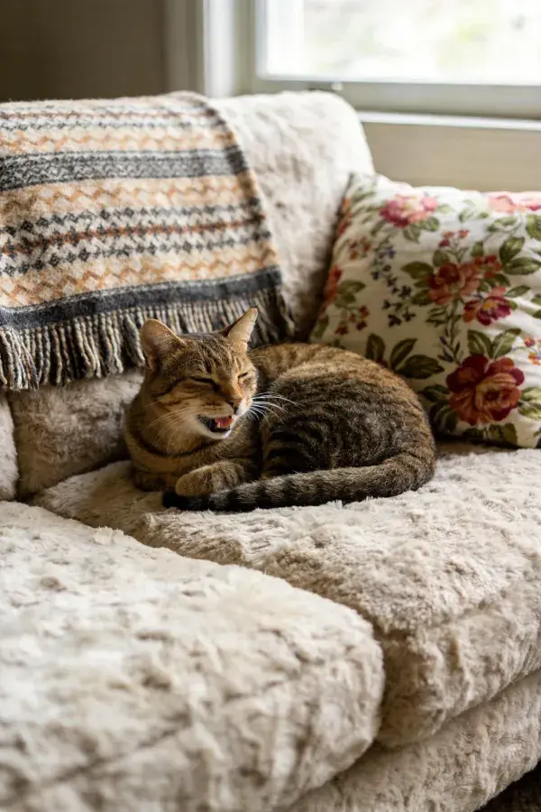 室内沙发上休息的短毛虎斑猫