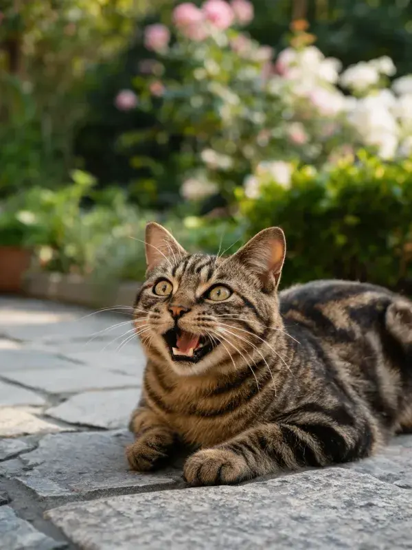 庭院石板地上的虎斑短毛猫