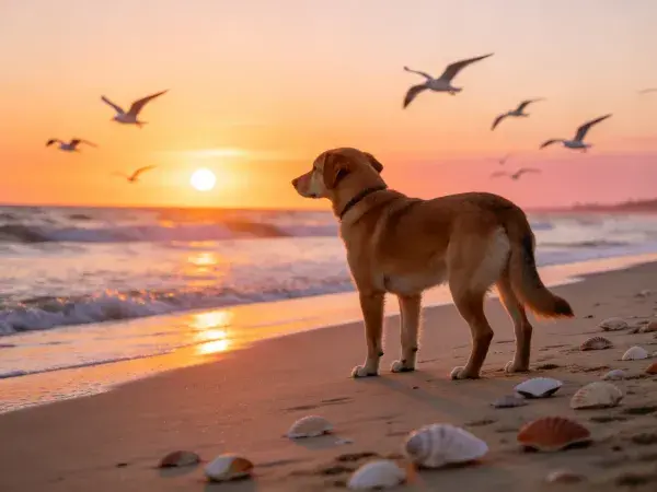 海滩日落时分金毛寻回犬