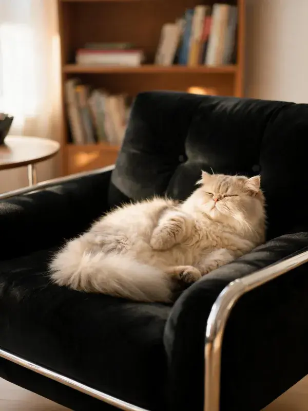 黑色绒面座椅上的长毛波斯猫