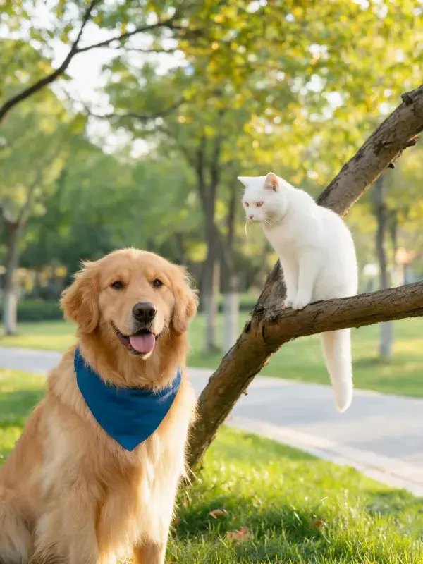 金毛寻回犬与白色短毛家猫的公园共处场景