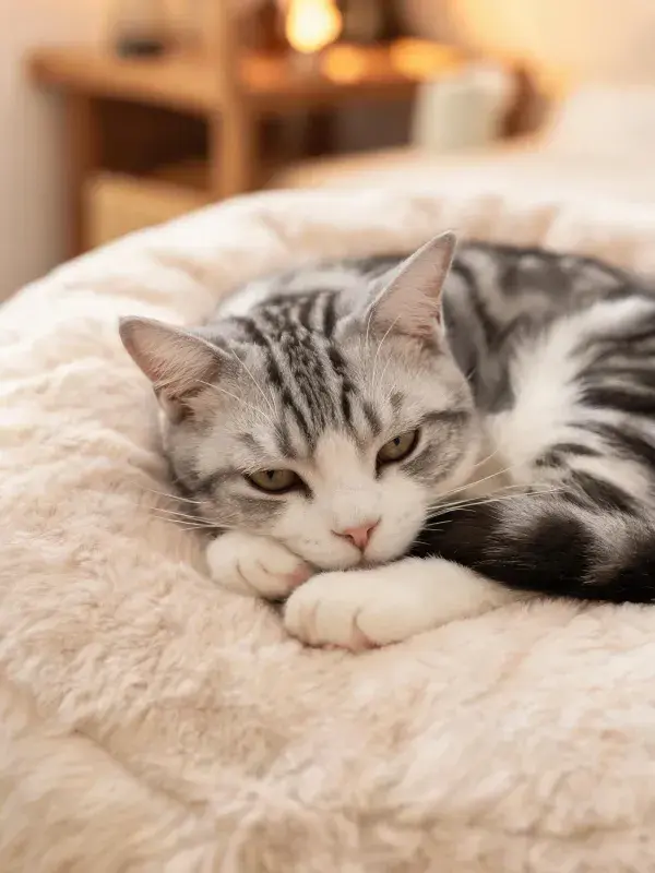 客厅暖光下的灰虎斑短毛猫休憩图景
