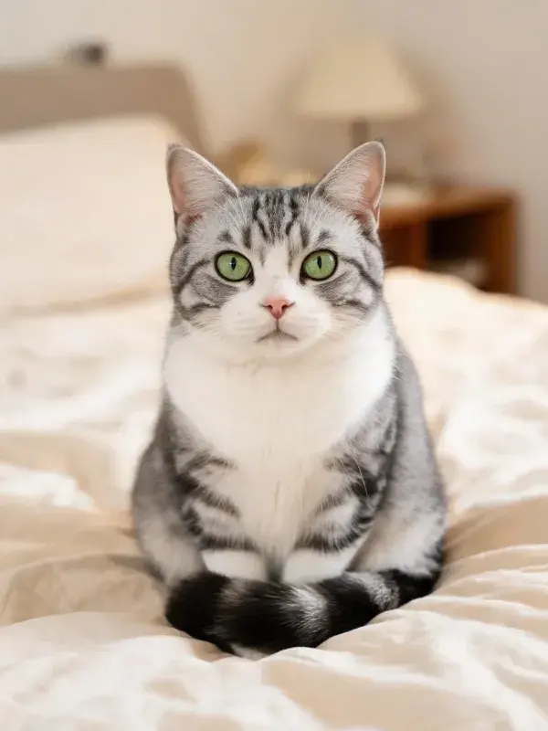 卧室床铺上银灰虎斑猫的安静姿态