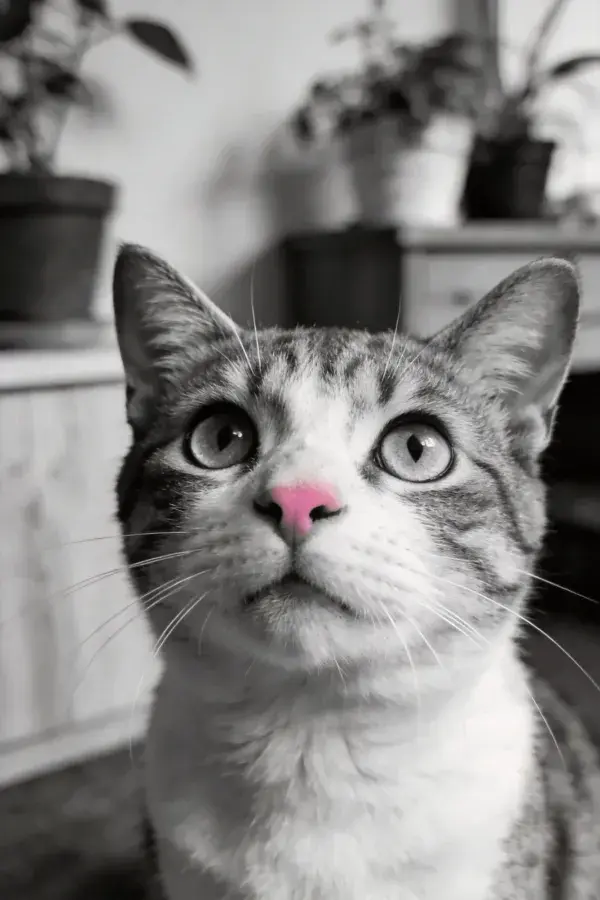 短毛家猫抬头凝视室内