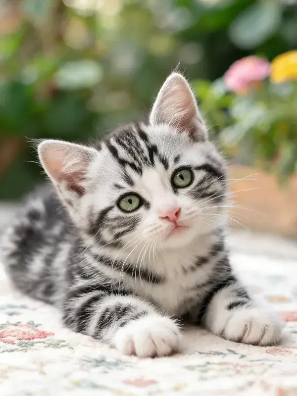 室内绿植旁银色虎斑猫图景