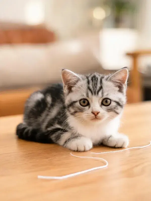 美国短毛猫在木质桌面上的姿态