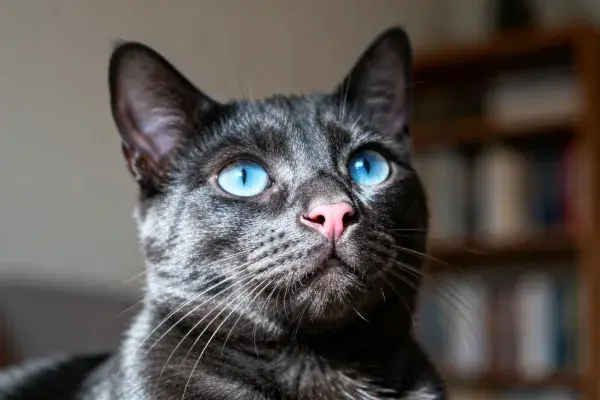 阳光明亮的室内环境中蓝灰色短毛家猫特写