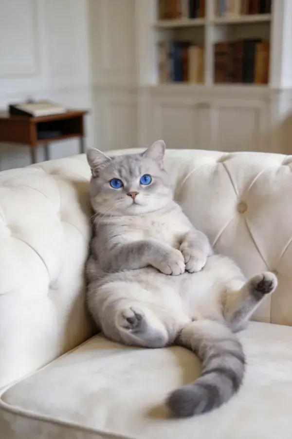 蓝灰色英国短毛猫躺卧在浅色沙发上的特写