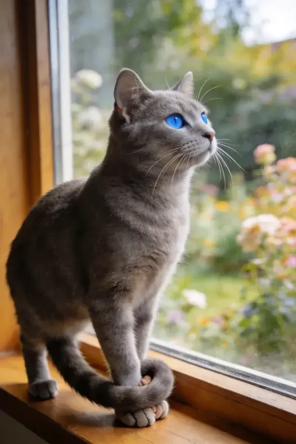 窗台上的蓝灰色俄罗斯蓝猫