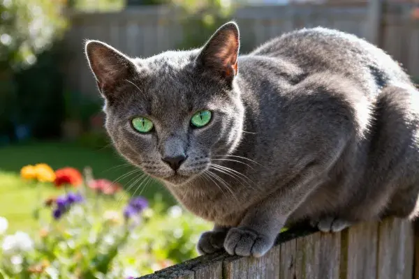 花园木栅栏上的俄罗斯蓝猫