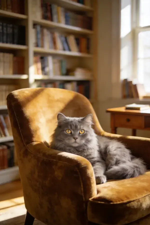 书房暖光下英国短毛猫静坐