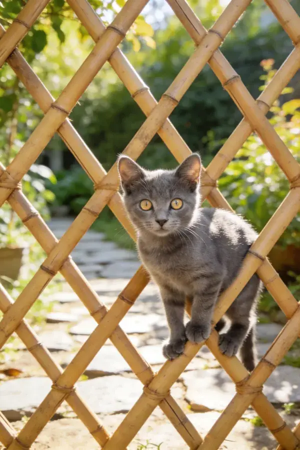 阳光明媚花园里的灰短毛家猫