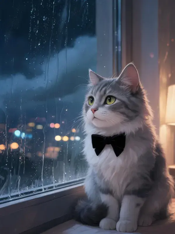 窗边系领结的长毛缅因猫