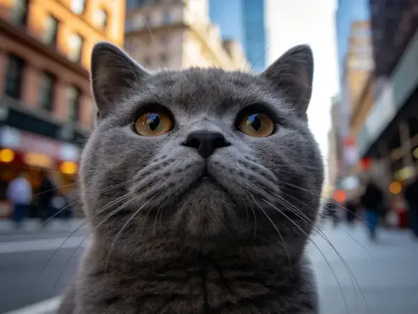阳光下英国短毛猫城市街景特写