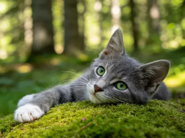 阴凉处灰短毛家猫趴卧苔藓特写