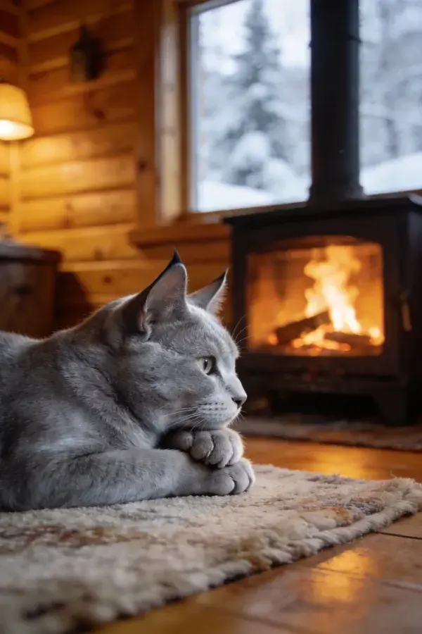 木屋内暖炉旁的灰色英国短毛猫